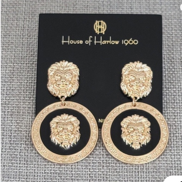 House of Harlow 1960 🔥Lion Head Black Gold Dangle Earring - Picture 3 of 6